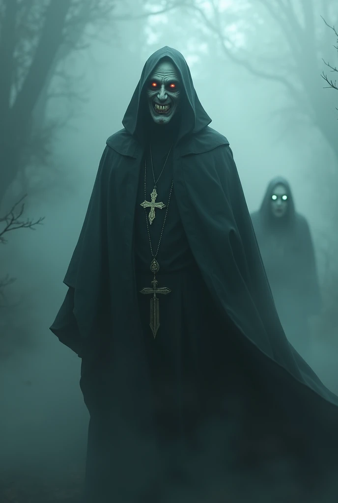  a priest dressed in his gown in the midst of the fog,  with a smiling and creepy face . his teeth are yellow , hidden behind him appears a small  with bright eyes 