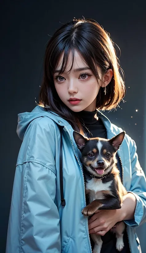 The best cell phone wallpaper, Award-Winning Wallpaper, portrait photography, In the front view is a portrait of a cute dog wearing mid-1960s space age fashion, Side view photo, Shot with Canon EOS R5, Set a strong contrast that accentuates the subject, Fl...