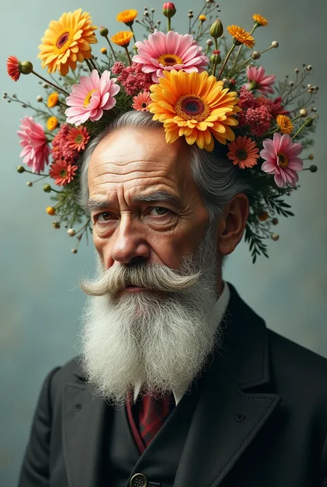 Make an image of Freud with flowers coming out of his head 