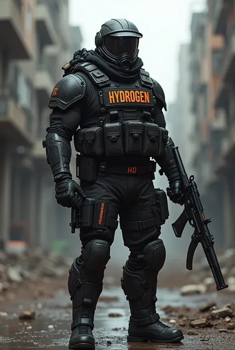 Modern war warrior with tactical equipment and the name Hydrogen on his chest in black and orange colors 