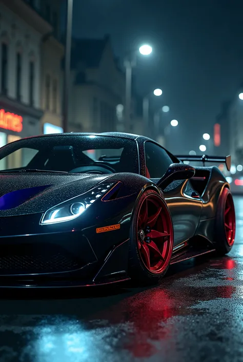 Realistic style 4K  ,  sports car with subwoofer speakers in the trunk and its nighttime 