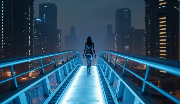 A woman walks along a glowing futuristic bridge surrounded by shadowy skyscrapers. Her metallic jumpsuit reflects the dim neon lights, emphasizing her solitary journey.