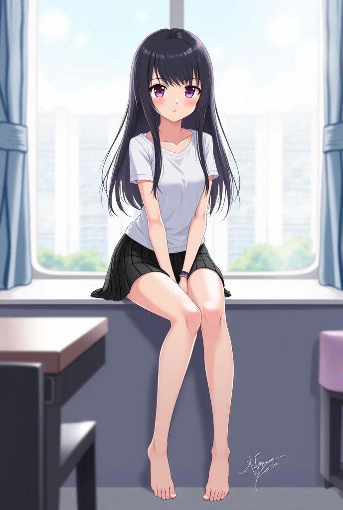 A young woman with long, dark hair is sitting on a window sill, wearing a white top and black skirt. She is looking directly at the camera with a calm and serene expression. The background features a window with a view of a cityscape, and theres a desk and...