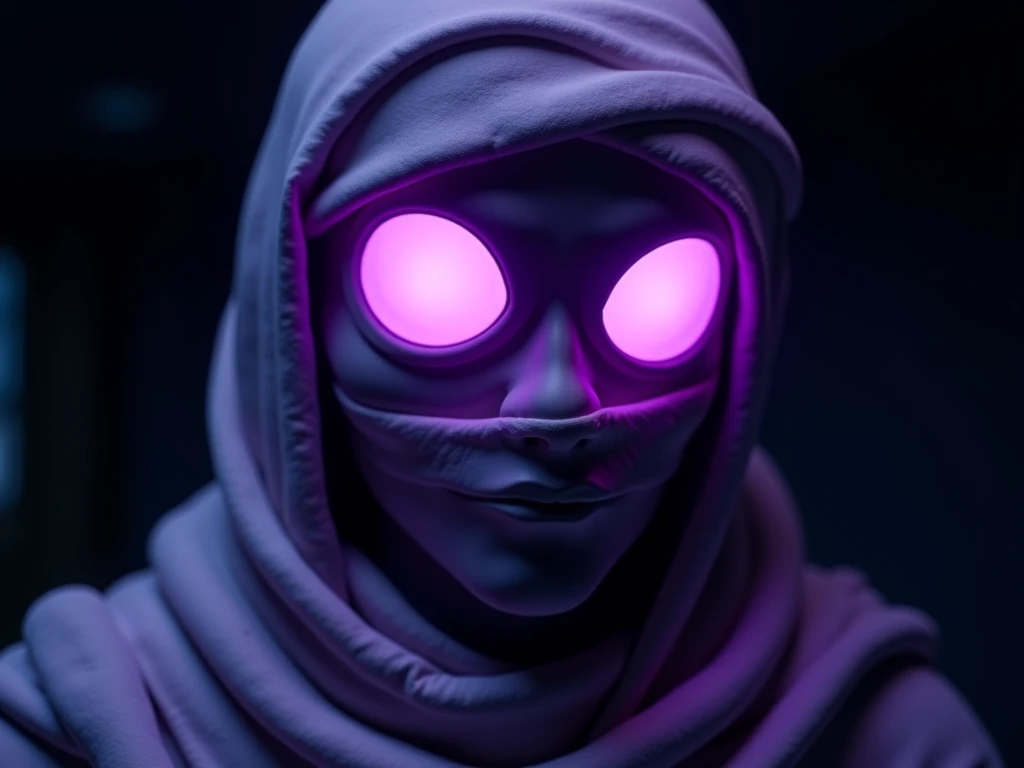 A close-up, dramatic image of a mummified figure with glowing purple big size stylish eyes, wrapped in light-purple bandages in a dark, shadowy environment; style reminiscent of video game character art.
