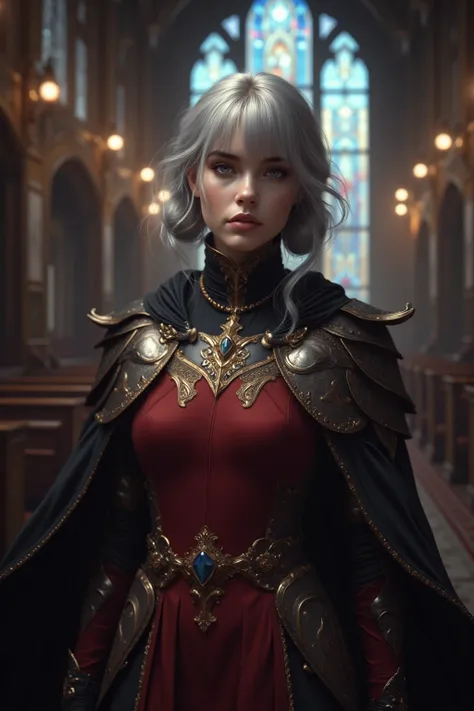 ( top quality , Ultra HD 8K , Photorealistic)( random pose:1.5)( RANDOM ANGLE :1.5)Diablo４Style 、 beautiful girl、Young、 Silver Hair、 short twin tails、 armor based on red、large black cloak 、Church interior、 stained glass