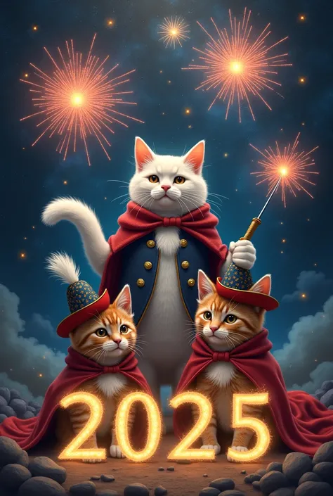 Create night background with glitter from fireworks with gold letters that say  "2025" top and bottom 3 cats dressed as musketeers, one white standing and two brown cats dead on the floor