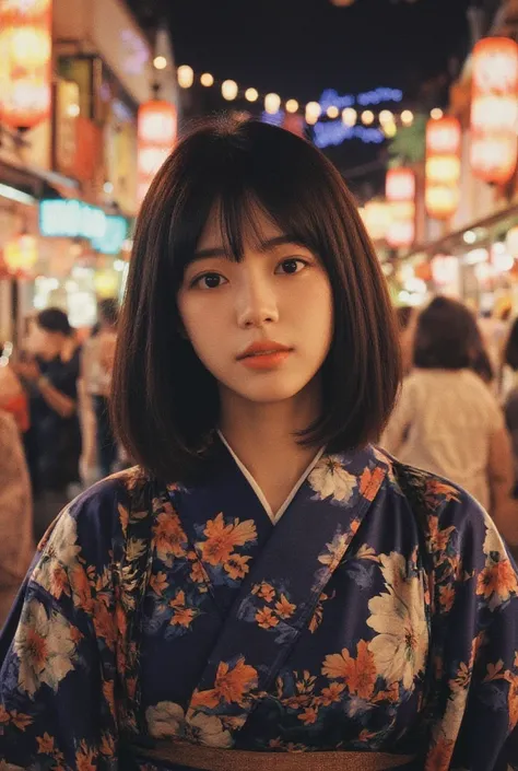 A girl with shoulder-length black hair, parted bangs, big round brown eyes, long eyelashes, she is Japanese, wearing a Yukata, the surrounding scene is a Japanese festival at night.