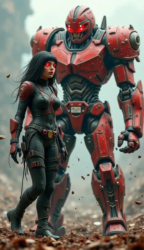  Here is the prompt to create the scene described :

**Prompt**:  
" A female Power Ranger fighting alongside a Megazord inspired by a Zumbi ,  both with an apocalyptic and monstrous style . . Megazords armor is composed of pieces of corroded metal ,  cove...