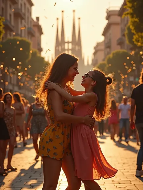 Make me another image of a teenage mother and daughter celebrating dancing in the New Year 2025 in a landscape of Barcelona