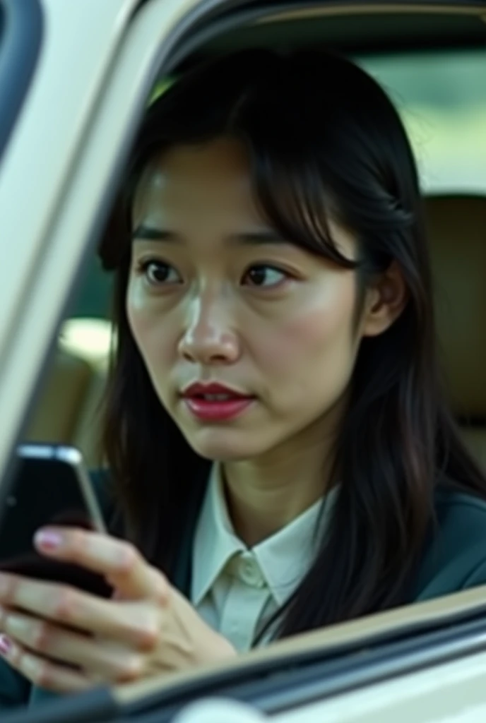 araffed woman in a car with a cell phone in her hand, grainy low quality, grainy movie still, movie scene close up, gong li, she has a distant expression, blurry face, low quality grainy, close up iwakura lain, heavy gesture style closeup, slightly smiling...