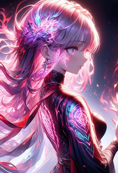 Anime-Screenshots、 Artistic anime illustration of a woman with glowing,  geometric dragon tattoos all over body and faceArm- und Beintattoos、 A mix of red , purple and fire 、 sending neon lights  Shes been around for a long time ,  flowing hair、 This scene...