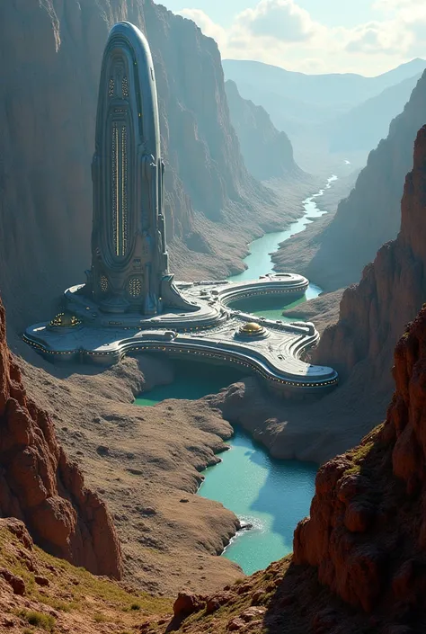 "An alien base on an exoplanet, constructed in a hidden valley with advanced technology, potentially waiting for contact."