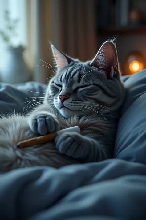 A sleepy blue tabby cat smoking a joint