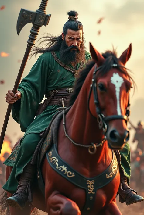 Chinese man with long beard and moustache wearing green han suit and hat his face look angry holding halberd riding red horse fighting in war