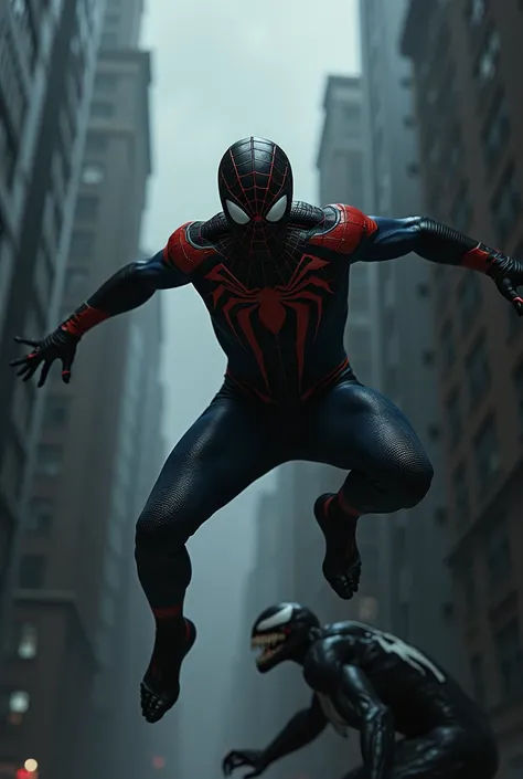 There is a sad , Flying in a Spaider Man suit while Venom is attacking