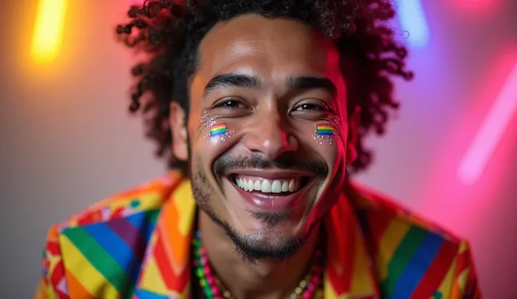 A close-up of a man with a confident and joyful expression, smiling brightly at the viewer. He has a vibrant and flamboyant style, wearing LGBTQ+ themed clothing adorned with rainbow patterns and pride flag elements. His makeup is bold and colorful, with g...