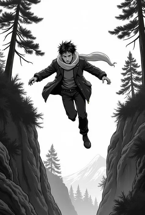 Create a traditional manga cartoon with no errors or flaws in black and white Japanese manga style by South Korean actor Lee Jung-jae wearing a set of cold clothes jumping off a cliff in a forest while fleeing. 