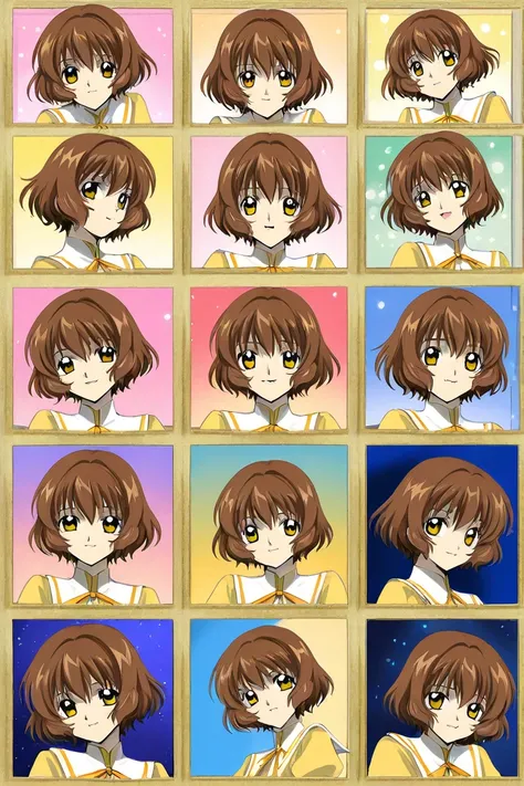 A girl that is an student. She has long wavy Brown hair with shiny golden eyes with a yellow dress uniform. Collage character sketch different facial expressions, feelings and emotions: good girl. Clamp Tsubasa chronicles art style. High quality. 