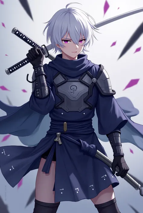 masculine gender, white hair ,short and straight, [[distributed in half]], ,(ninja armor,chest),Dark blue kimono , black pants,heel-high socks,  shaped body , violet eyes ,  eyes squinted, ( body shorts), holding a sword, in battle,((Futuristic photo)) Sim...