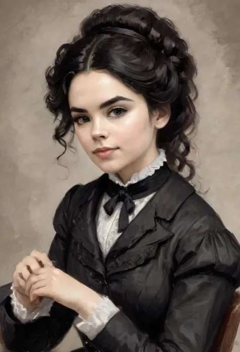 A pencil drawing of a young victorian governess, curly black hair. Kind and inteligent energy. McKayla Maroney