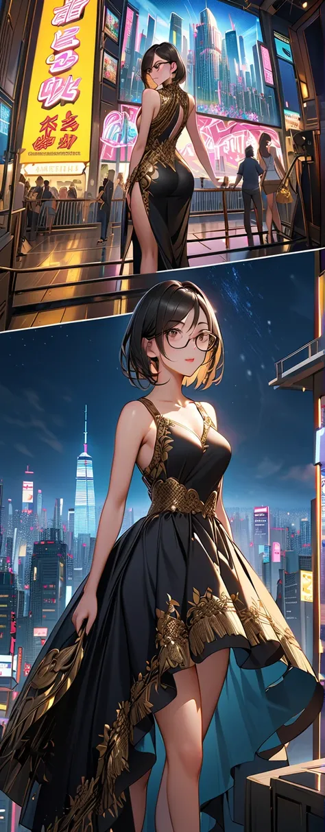 black_hair, short hair, glass, Green frame glasses, black eyes,  ,((highly detailed golden sexy dress)), Good physique , ( beautiful girls: 1.3), One Girl , top quality ,8k, Highly Detailed CG Unit Wallpaper ,masterpiece:1.2, top quality ,Super high resolu...