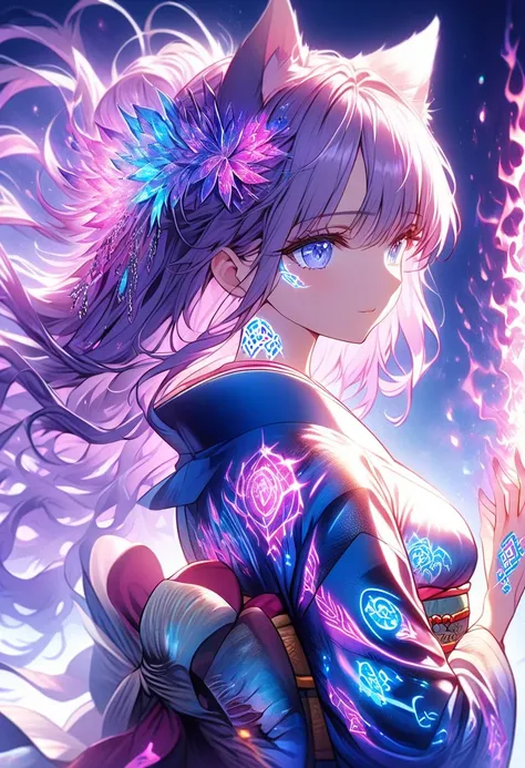  Artistic anime illustration of a woman with glowing,  geometric dragon tattoos all over body and faceArm- und Beintattoos,A mix of Blue and purple and fire sending,Shes been around for a long time ,fThis scene has a dreamy soft focus effect , It highlight...