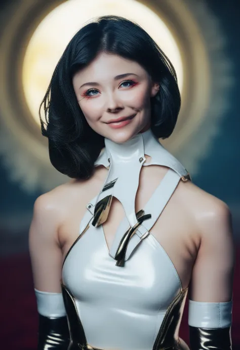     cinematic angle、 Face from directly above close-up   、   upper body bust up 1 person girl 18 year old black hair long straight hair、 smile white high neck leotard   、  black tights、   thigh-length boots 、Opera Gloves、　  cyberpunk、Big full moon in the c...