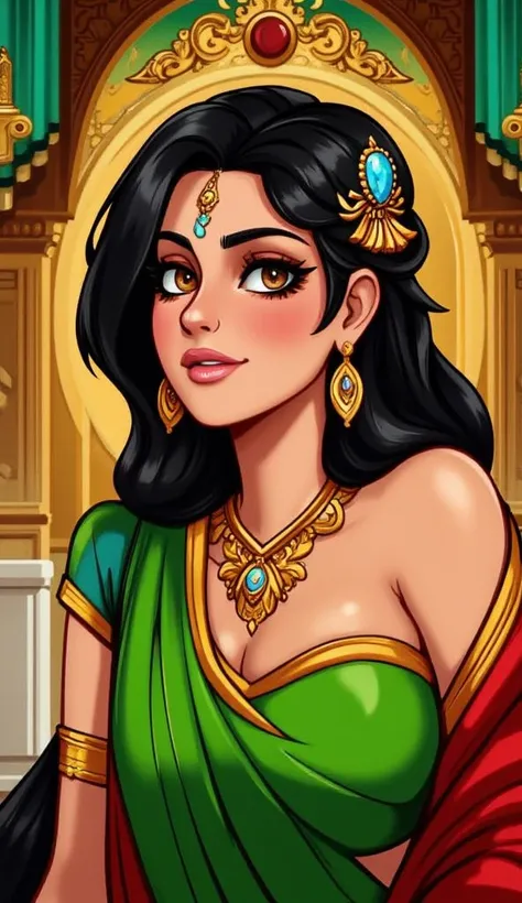 a cartoon image of a woman in a green and red sari, indian goddess, portrait of modern darna, princess jasmine, beautiful character painting, a beautiful fantasy empress, indian, style artgerm, in style of artgerm, extremely detailed artgerm, gorgeous woma...