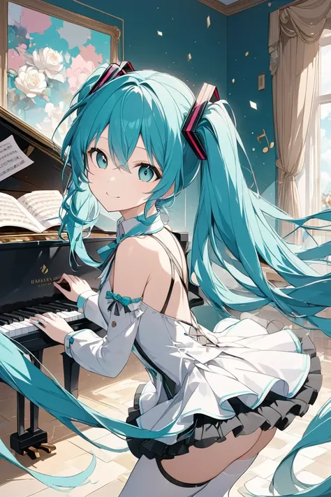   1 girl,  Hatsune Miku  、 Music Room , (masterpiece,   Top Quality  ),  Official Art,   beautiful、and aesthetic : 1.2), (  1 girl),   very detailed, (Geometric Art: 1.3),     、smile、 sing、piano