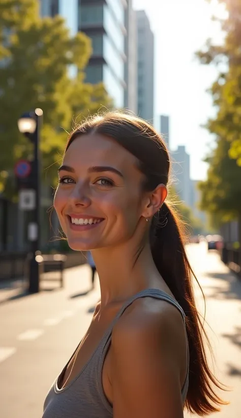  realistic photograph of a young woman , 26 years old, straight, dark brown hair tied in a ponytail ,  fair skin ,  blue eyes,  smiling with a glimmer of confidence as you walk down a sunny street. In the background,  modern urban buildings with trees alon...