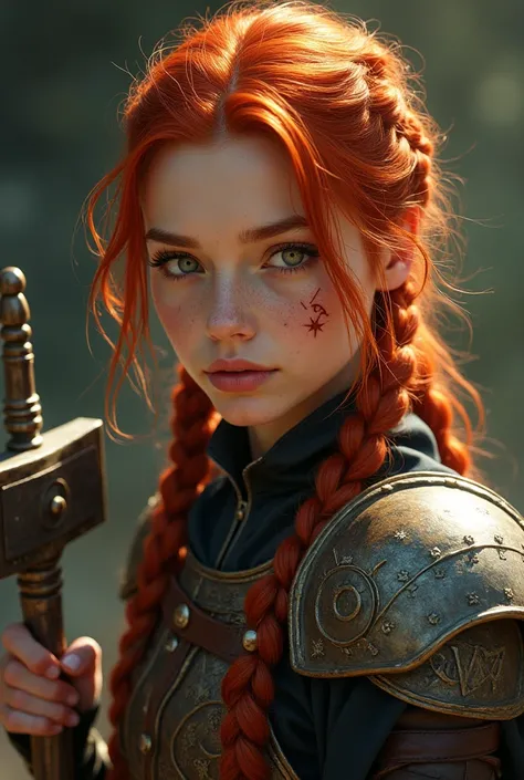 Portrait of a young human female cleric with red hair tied in battle-ready braids, dressed in leather armor embossed with holy symbols, gazing intently with her extremely long eyelashes accentuating the determination in her eyes, more scar in your face, ho...