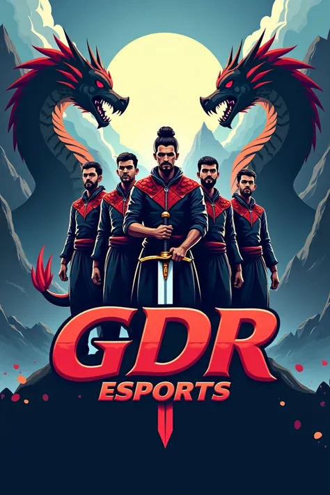 A gaming logo named GDR ESPORTS containg 4 men standing with a sword and 2 dragon in the background 