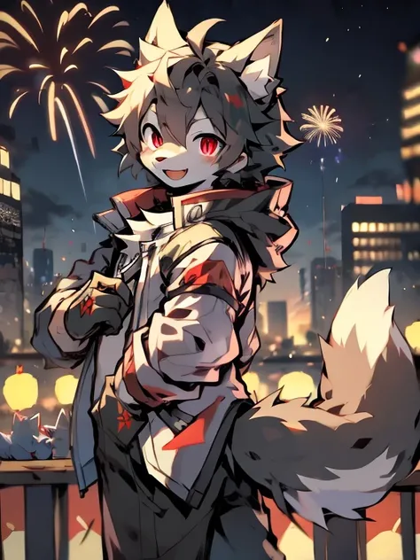 masterpiece,   is the best quality ，young wolf  ，male，  Height 175，25 years old,，  furry，In good health，thin，Gundam，  Blood Conjurer  ，hair（  mostly gray   ， Red decoration ）， Crimson pupils ，black衬衫，Big Tail，  plush toy tail  ，Back of jacket  （black， Wear...