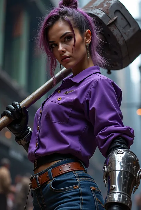 Looking serious at the viewers. Full body image. A fierce female cyberpunk warrior with a visible mecha hand gripping a massive hammer, her cybernetic enhancements gleaming under the sunlight. She stands in a powerful pose, her purple shirt and metallic el...