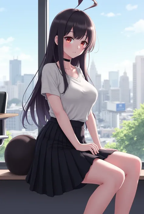 A young woman with long, dark hair, big breats and a big thick cock under her skirt is sitting on a window sill, wearing a white top and black skirt. She is looking directly at the camera with a calm and serene expression. The background features a window ...