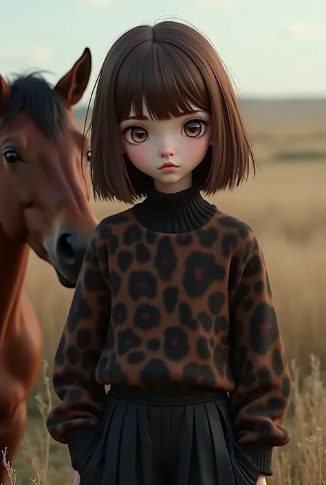 Realistic  girl with brown hair and brown eyes, white skin color, her pants are wide black and her sweater is black leopard, her hair is cut in a square with bangs. Next to the girl, there is a horse, they are in a field.