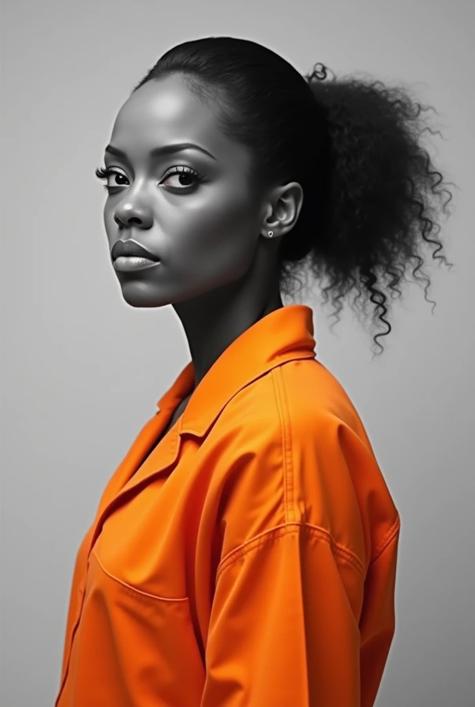 young Diana Ross around 40 years old wearing orange prison uniform and standing for a profile photo, hair tied back, frontal photo, Diana Ross standing looking straight and leaning against the wall, behind is a gray-white background, profile photo, archive...