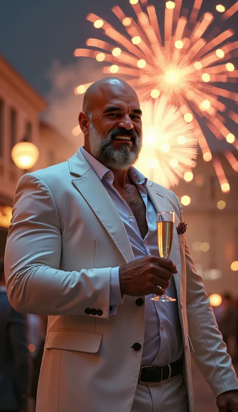 Marvel Comics, a very strong man like the Punisher wears a white blazer, white shirt, white pants, white beard, bald, on his side with a smile on his face and in his hand a glass of champagne celebrating New Years Eve, scene of End of the year with firewor...