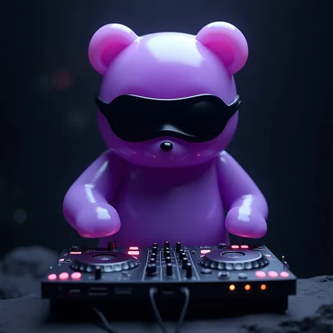 purple jelly gummy bear with a black mask covering face and dj set with dark background