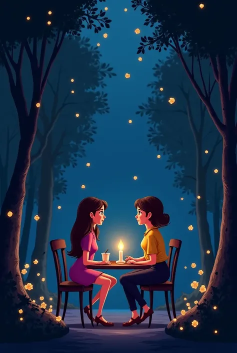  Make a comic based on this story  **Title:  A Bewitched Love **

**Vignette 1:**
* Scene in a magical Hogsmeade cafe ,  illuminated by floating lights .  two girls are sitting at a table,  talking animatedly .*

** Text in the box :**
" It all started a m...