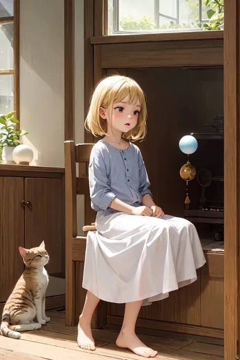 A small girl with blonde hair sits with a cat at home. The cat plays a small ball and there are other toys Rain outside
