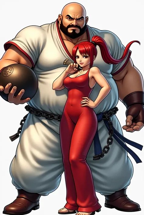 Generate an image of Mai Shiranui and Chang Koehan from the game King of Fighters, With May Shiranui kiss Chang Koehan,Chang Koehan is a super fat man, holding a big iron ball in his hand, bald, bearded, wearing a white uniform, with a big iron chain tied ...