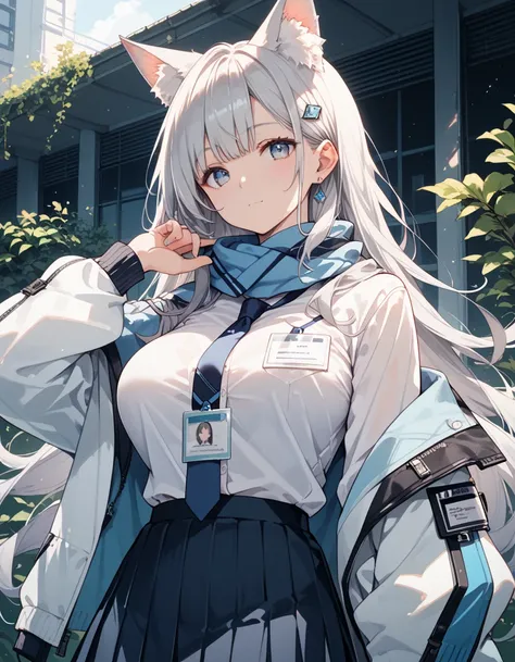 1 girl,large breasts, (beautiful detailed gray hair), jacket, shirt, blue scarf,white shirt, white hair, hair ornament, ID card, tie, wolf ear ,animal ear fluff, pleated miniskirt,