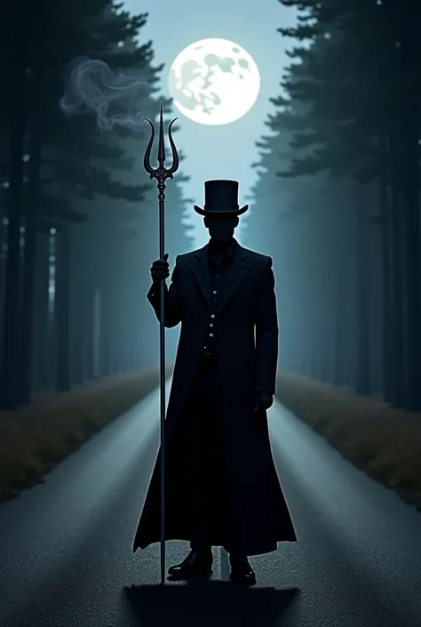  a dark-skinned black man ,  standing in the middle of a deserted road ,  wrapped in a dark, nighttime atmosphere .  It wears a long black coat that flows elegantly to the floor and a top hat , that gives a touch of mystery .  The man holds a silver triden...