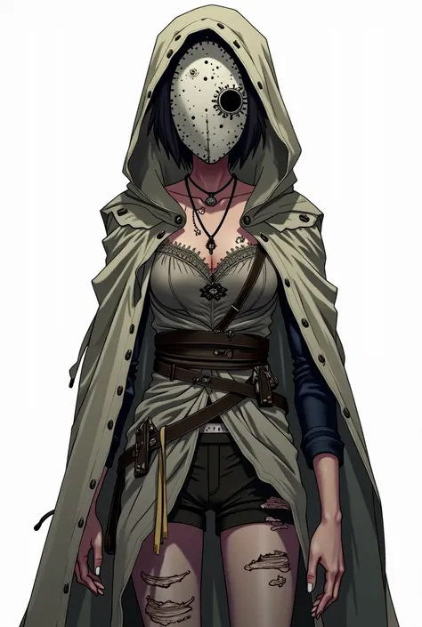 An anime oc with black hair and wearing a white mask,  short hair, thick hood,  medium chest ((. lots of patches , dirty clothes,  Japanese-style full-face mask,  wanderer girl  )) ,  torn cape , belt,  magic mask , full body in view , whaite background, n...