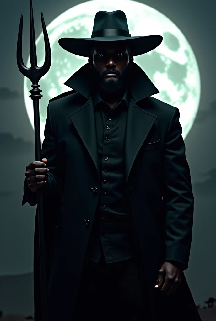 A mysterious and imposing dark-skinned black man with a dark and Gothic ,  complementing his elegant and sinister look .  The coat is dark and appears to be made of a heavy fabric ,  The trident seems to be made of metal ,  highlighting the main character ...