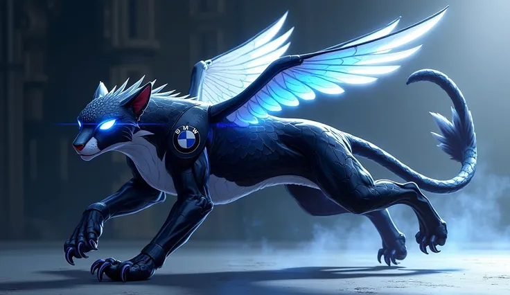 "An anime-style hybrid creature representing BMW, featuring the muscular and agile legs of a cheetah, sharp and focused crocodile eyes glowing with an intense blue hue, and a sleek black panthers body with metallic accents. The creature has futuristic, glo...