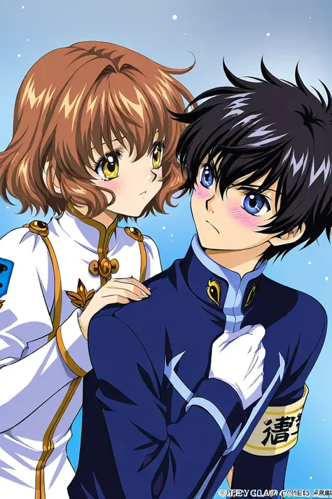 Two academy students. Girl number 1 has long wavy brown hair with shiny golden eyes with a white 2 pieces uniform. Boy number 2 is taller, has black hair with cold light  blue eyes with a blue uniform. Serious. Theyre blushing at each other. Clamp Tsubasa ...