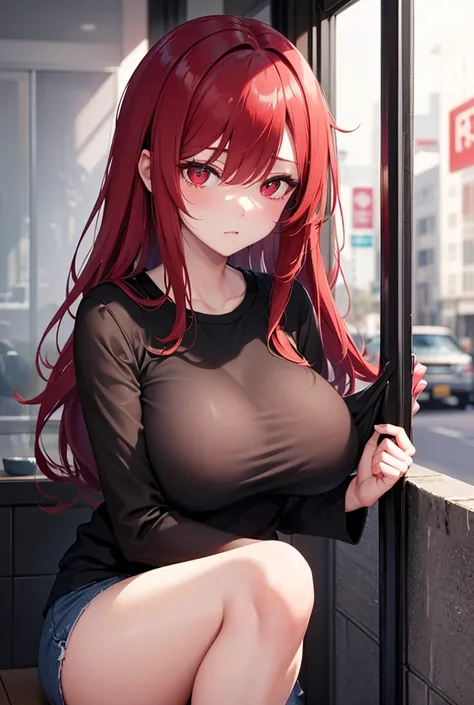 Long red hair, sexy casual outfit, Sexy girl, Cool girl,      big breasts, Light red eyes  .,     Empty Eyes    , Cold face,      alone 