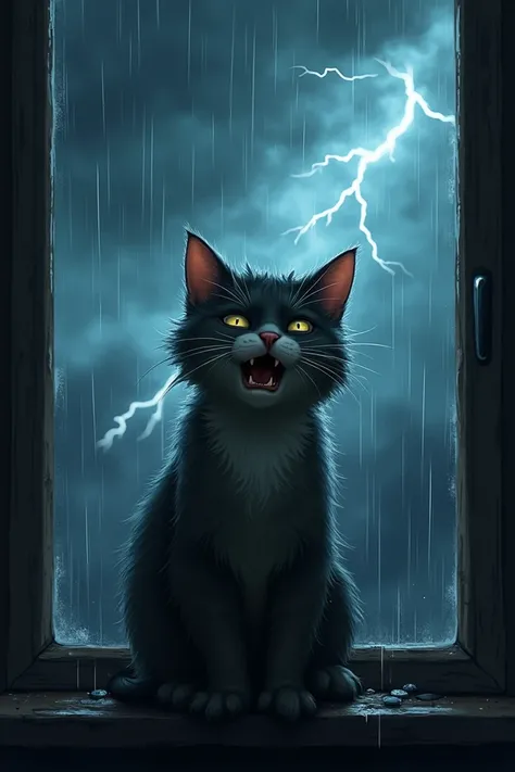 A cat crying outside while raining and thundering 